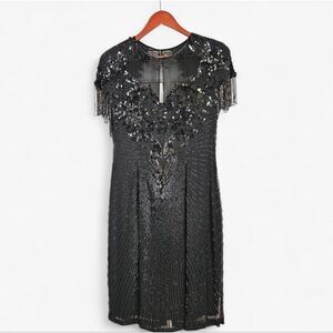 Vintage Cache 100% Silk Black Beaded Art Deco Wiggle '50s Style Flapper Dress 8
